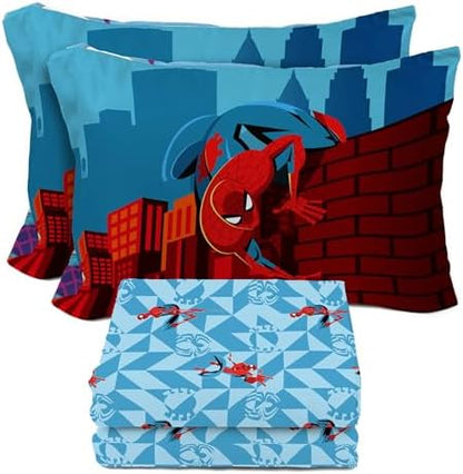 Sunny Side Up Kids Sheet Set Includes Sheets and Pillow Cover - 100% Microfiber Bedding and Room Decor, Blue - Spiderman, 4 Piece Full