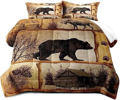 LUVIVIHOME 3PCS Rustic Cabin Comforter Set Queen Size, Moose Bear Bedding Brown Quilt, Deer Woodland Forest Animal Wildlife Hunting Hunter Lodge Country Rustic Farmhouse Bedroom Decor, 2 Pillow Shams