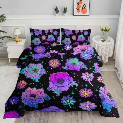 Axolotl Neon Floral Bedding Set King,Gradient Floral Comforter Set for Girls,Colorful Flower Bedding Stars,Galaxy Series Comforter for Kids Boys Girls Teens Adults,1 Quilt 2 Pillowcases,Black
