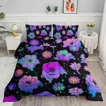 Axolotl Neon Floral Bedding Set King,Gradient Floral Comforter Set for Girls,Colorful Flower Bedding Stars,Galaxy Series Comforter for Kids Boys Girls Teens Adults,1 Quilt 2 Pillowcases,Black