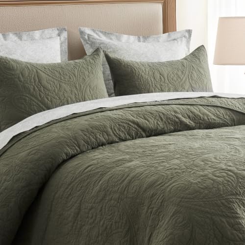 EVERGRACEHOME 100% Cotton Paisley Quilt Set, Oversized King, Olive Green