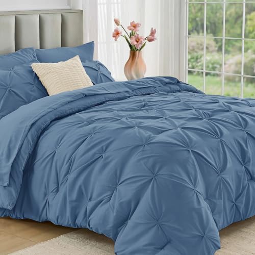 JOLLYVOGUE Queen Comforter Set 7 Pieces - Bed in a Bag Queen for All Season, Pintuck Bedding Comforter Sets with Comforter, Flat Sheet, Fitted Sheet and Pillowcases & Shams, Slate Blue