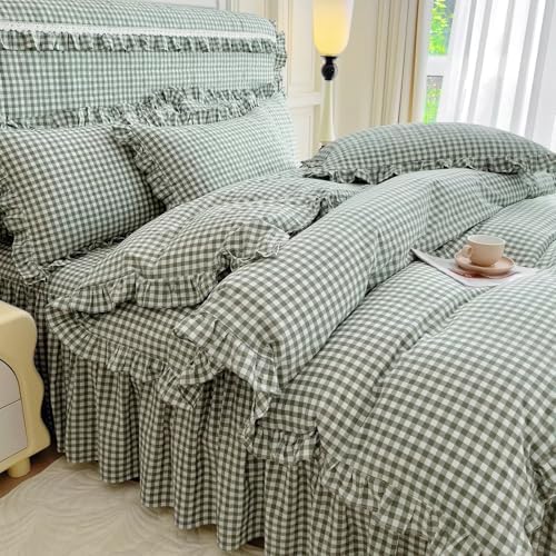 mixinni Vintage Green Gingham Ruffle Comforter Set 3-Piece Washed Cotton Queen Size Grid Bedding Set with Geometric Checkered Pattern, Farmhouse Chic Soft Fluffy Comforter for All-Season