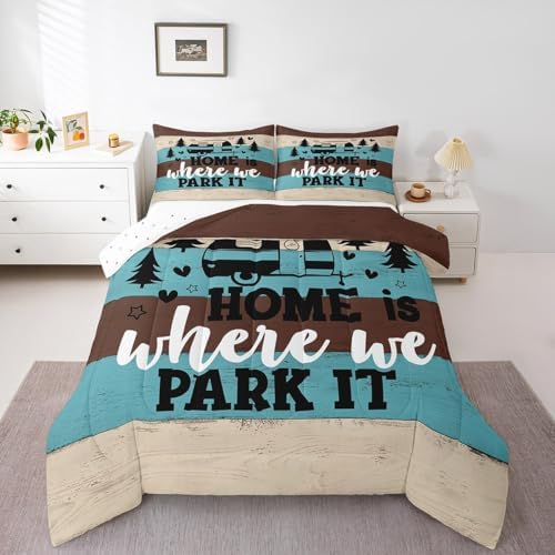 Manfei Rustic Adventure Camper Kids Comforter Set Queen Size,Pine Tree Wooden Cabin Farmhouse Bedding Set,Girls Boys Room Decor,Lake House RV Quilt Comforter,Brown Retro Duvet Insert,2 Pillowcases