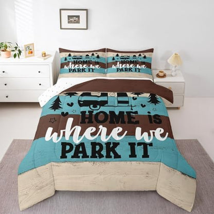 Manfei Rustic Adventure Camper Kids Comforter Set Queen Size,Pine Tree Wooden Cabin Farmhouse Bedding Set,Girls Boys Room Decor,Lake House RV Quilt Comforter,Brown Retro Duvet Insert,2 Pillowcases