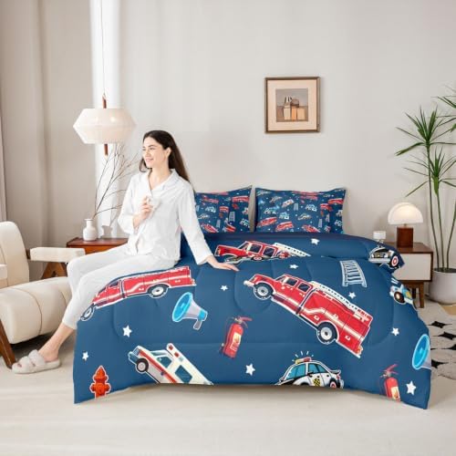 Feelyou Fire Truck Comforter Set with Sheets Police Car 7 Pieces Bed in A Bag King Size Ambulance Cartoon Car Bedding Set for Kids Boys Girls Teens Bedroom Decor