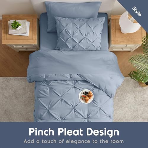 Nestl 7 Piece Twin XL Comforter Set – Stone Blue Pinch Pleated Bed in a Bag – Complete Twin XL Size Bedding Set with Sheets, Set of 2 Cooling Pillows, Pillowcase and Sham