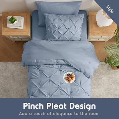 Nestl 7 Piece Twin XL Comforter Set – Stone Blue Pinch Pleated Bed in a Bag – Complete Twin XL Size Bedding Set with Sheets, Set of 2 Cooling Pillows, Pillowcase and Sham