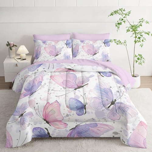 7Pcs Comforter Set Butterflies Printed Bedding Set with 1 Comforter, 1 Flat Sheet, 1 Fitted Sheet and 4 Pillowcases for Boys and Girls Bedroom All Season(Butterflies-2 Full)