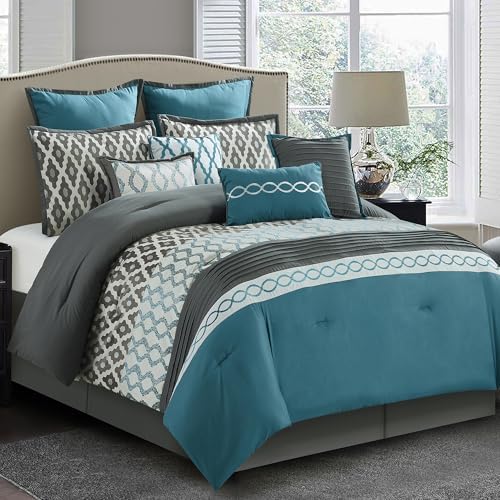 LANCO MODERN LIFESTYLE King Size Comforter Set, Blue, 10 Piece Bed in a Bag for All Seasons, Luxury Extreme Comfort Bedding Sets with Bedskirt, Pillow Shams, Euro Shams and Decor Pillows