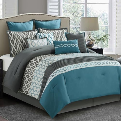 LANCO MODERN LIFESTYLE King Size Comforter Set, Blue, 10 Piece Bed in a Bag for All Seasons, Luxury Extreme Comfort Bedding Sets with Bedskirt, Pillow Shams, Euro Shams and Decor Pillows