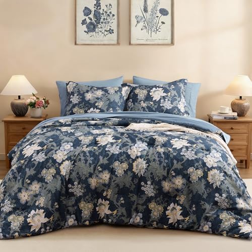 BLOOMHAVEN Queen Comforter Set-7 Pieces Blue Floral Bed in a Bag Queen