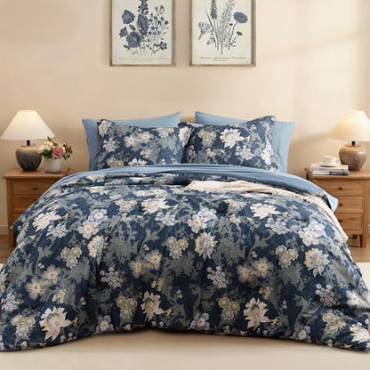 BLOOMHAVEN Queen Comforter Set-7 Pieces Blue Floral Bed in a Bag Queen