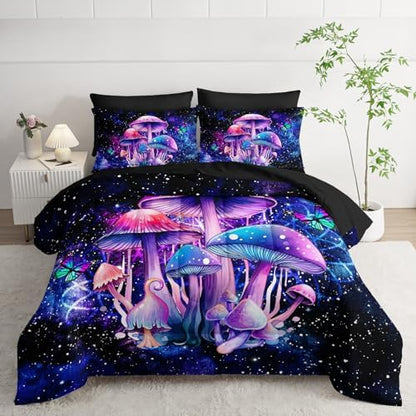 Nttopship Fantasy Mushrooms Comforter Set Twin,Galaxy Fantasy 7 Pieces Bedding Set for Teens Kids,Light Mushroom Bedding Set 7 Piece in A Bag，Mushroom Bed Comforters Bedding Sets for All Season