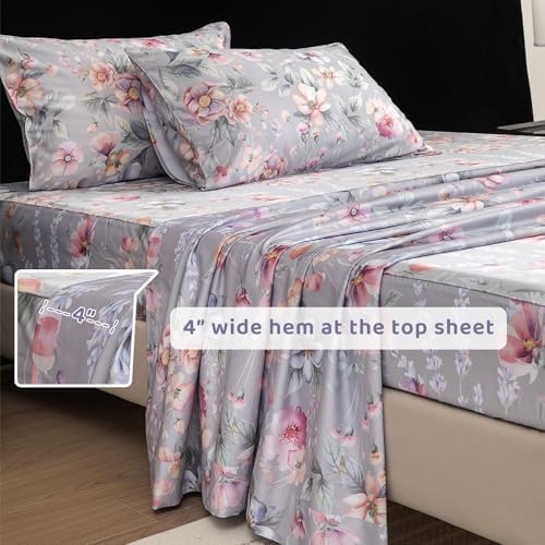 QSH Gray Floral Sheets Queen Size，Egyptian Cotton Sheets Queen Size Set Luxury Silk Feel Flowers Botanical Pattern Printed Bedding Sheet Extra Soft and Breathable 17.5" Deep Pockets Bed Sheet 4pcs