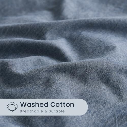 Wake In Cloud - Cotton Duvet Cover Set, 100% Washed Cotton, Linen Like Textured, Breathable Durable Comfy Farmhouse Neutral Bedding Set, 3 Pieces, Denim Blue, Twin/Twin XL Size