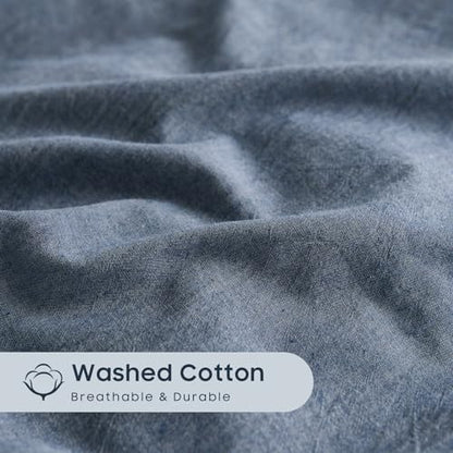 Wake In Cloud - Cotton Duvet Cover Set, 100% Washed Cotton, Linen Like Textured, Breathable Durable Comfy Farmhouse Neutral Bedding Set, 3 Pieces, Denim Blue, Twin/Twin XL Size