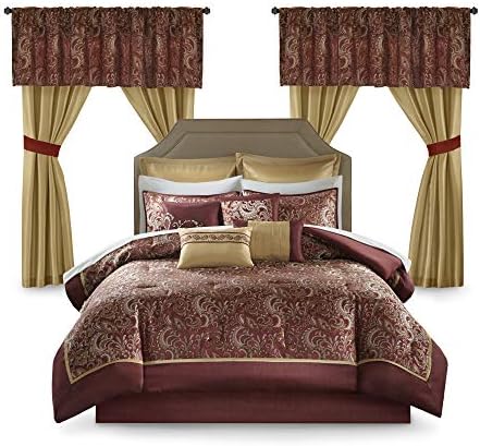 Madison Park Essentials Brystol 24 Piece Room in a Bag Faux Silk Comforter Jacquard Paisley Design Matching Curtains Down Alternative Hypoallergenic All Season Bedding-Set, Queen (90 in x 90 in), Red