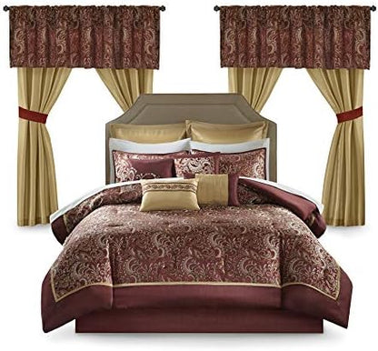 Madison Park Essentials Brystol 24 Piece Room in a Bag Faux Silk Comforter Jacquard Paisley Design Matching Curtains Down Alternative Hypoallergenic All Season Bedding-Set, Queen (90 in x 90 in), Red