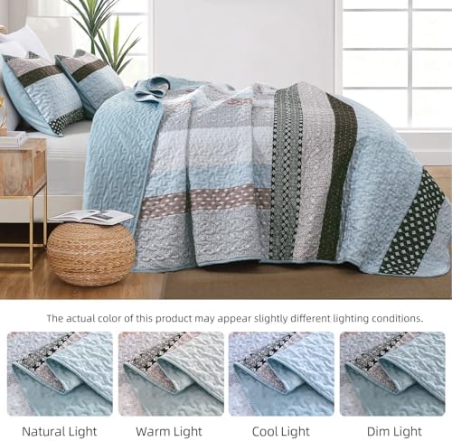 WONGS BEDDING Boho Quilt King Size, Patchwork Bedding Set, Blue Brown