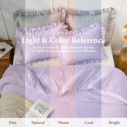 JOLLYVOGUE Lavender Comforter Full Size, 3 Pieces Seersucker Lightweight Full Size Bedding, All Season Fluffy Microfiber Bedding Comforter Set with 1 Ruffle Comforter and 2 Ruffle Pillowshams