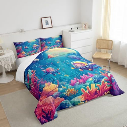 Homewish Underwater World Bedding Set Queen Size,Cartoon Submarine Comforter Set 3Pcs for Kids Girls Boys Teens Room Decor,Colorful Coral Fish Quilt Set Dreamy Ocean Duvet Insert,2 Pillowcases