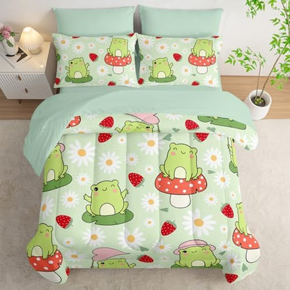 AILONEN Kawaii Frog Comforter Set Full 7-Piece Bed in a Bag,Green Cute Frog Bedding Set for Kids Boys Girls,Soft Comforter & Fitted Sheet with Flat Sheet,2 Pillowcases,2 Pillow Shams