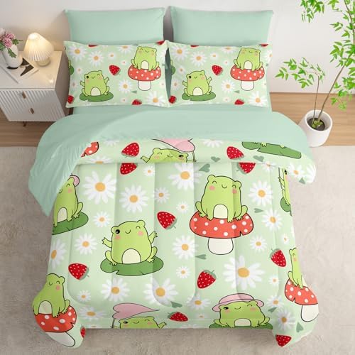 AILONEN Kawaii Frog Comforter Set Queen 7-Piece Bed in a Bag,Green Cute Frog Bedding Set for Kids Boys Girls,Soft Comforter & Fitted Sheet with Flat Sheet,2 Pillowcases,2 Pillow Shams