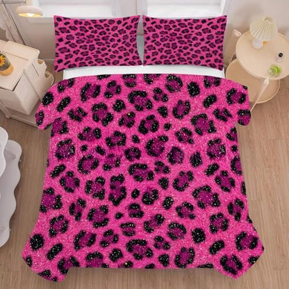 Hot Pink Cheetah Print Bedding Set Full/Queen Leopard Print Comforter for Women Girls Bedroom Animals Quilt Bed Set 1 Comforter 2 Pillowcases
