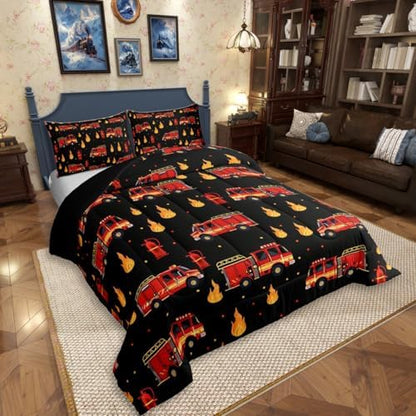 Erosebridal Fire Truck Queen Comforter Set for Boys, Black and Red Bedding Set for Firefighter Room Decor, Cartoon Red Firemen Car Comforter, Fire Engine Duvet Insert with 2 Pillowcase, 3 Pcs