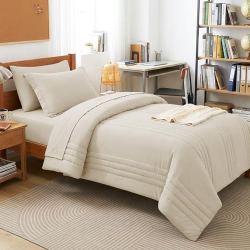 CozyLux Twin Comforter Set Beige - 5 Pieces Complete Bedding Set