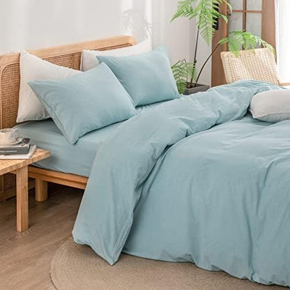 BESTOUCH Cotton Solid Duvet Cover Set Linen Feel Hushed Green Queen
