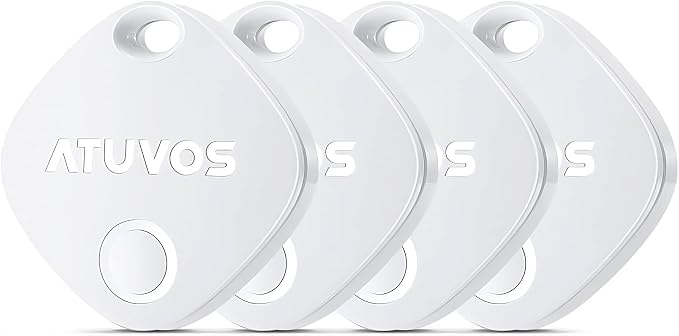 ATUVOS Air Tracker Tags-4 Pack, Bluetooth Luggage Tracker Works with Apple Find My APP (iOS Only, Not for Android), Keys Finder and Item Locator for Luggage, Backpack, Suitcases, Replaceable Battery