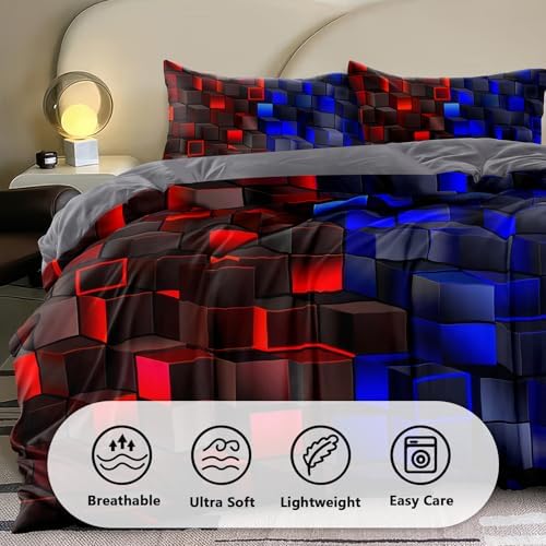 6 Pieces 3D Block Bedding Set Queen Size Red Blue Gaming Block for Boys Comforter Set Bed in A Bag Perfect for Boys Girls Kids Teens Bedroom Decorative Queen09