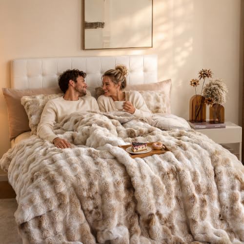 YIKUSH Twin Faux Fur Soft Comforter Set, Fluffy Bedding Set, Tiedye Beige