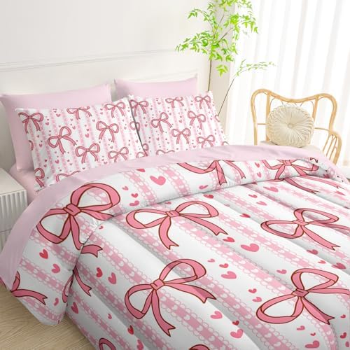 QOOMO Pink Bow 7 Pieces Comforter Set Full,Love Bowknot Bedding Set