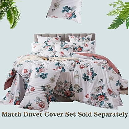 FADFAY King Size Sheets Pink Floral Bed Sheet Set Percale Cotton Shabby Vintage Rose Dark Blue Leaf Print White Sheet Set Chic Farmhouse Bedding Soft Crisp Breathable Deep Pocket Fitted Sheet 4Pcs