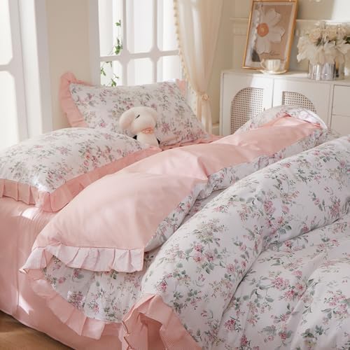 VM VOUGEMARKET Pink Ruffle Floral Duvet Cover Set Queen,Peach Pink Flower Bedding Set 100% Cotton Reversible Pink Stripes Duvet Cover with Zipper & Ties,90"x90"