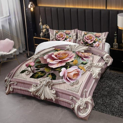 Pink and White Flower Full Size Comforter Set，Flower Bed Bedding for Kids Full Size