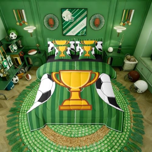 Erosebridal Soccer Gaming Boys Kids Football Court Green King 7-Piece Comforter Set | Sports Theme Playground Sheets and Pillowcases Ball Games Bed in A Bag Striped Geometric Bed Sets