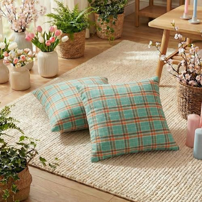 AVOIN colorlife Spring Summer Aqua Orange Plaid Decorative Throw Pillow Covers, 18 x 18 Inch Holiday Scottish Tartan Cushion Case Farmhouse Decoration for Sofa Couch Set of 2