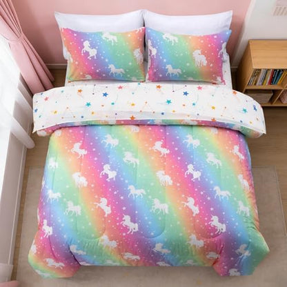 NTBED 5Pcs Glow in The Dark Kids Comforter Set Rainbow Unicorn Full Bedding