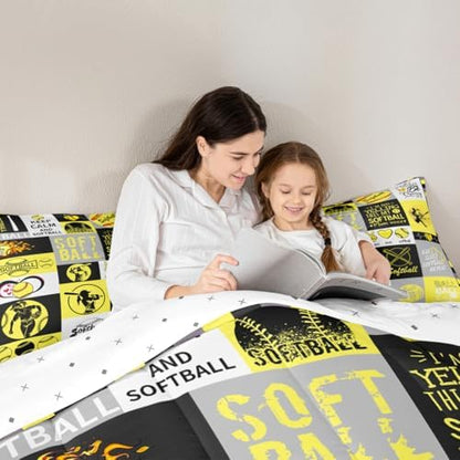 Castle Fairy Softball Plaid King Size Comforter Set Kids Sports Theme Decor All Season Bedding Set for Girls Teens Yellow Black Gray Comforter Sports Softball Decor Quilt Set Bedroom Collection 3Pcs