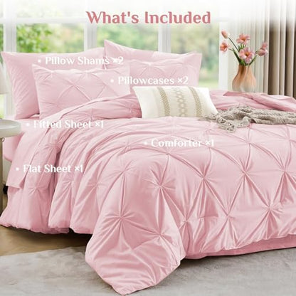JOLLYVOGUE Oversized Queen Comforter Set 7 Pieces - Bed in a Bag Oversized Queen for All Season, Pintuck Bedding Sets with Comforter, Flat Sheet, Fitted Sheet and Pillowcases & Shams, Baby Pink