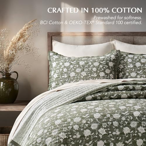 EverGrace 100% Cotton Floral Quilt Set, Queen Size, Sage Green 92"×96"