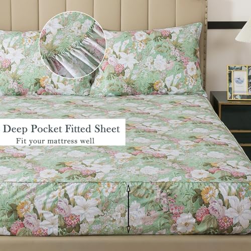 FADFAY Floral Bed Sheets Set Queen Size 100% Cotton Mint Green Botanical Sheet Sets Countryside Bedding Soft Breathable Girls Lily Flower Printed Deep Pocket Sheet 17.5 inch, 4 Pcs Queen
