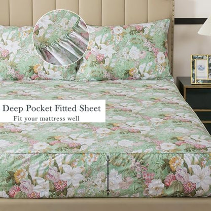 FADFAY California King 100% Cotton Bed Sheets Mint Green Floral Sheet Set Lily Flower Printed Colorful Countryside Bedding Set Hydrangea Super Soft DeepPocket Sheet 17.5 inch, 4 Pcs, Cal King