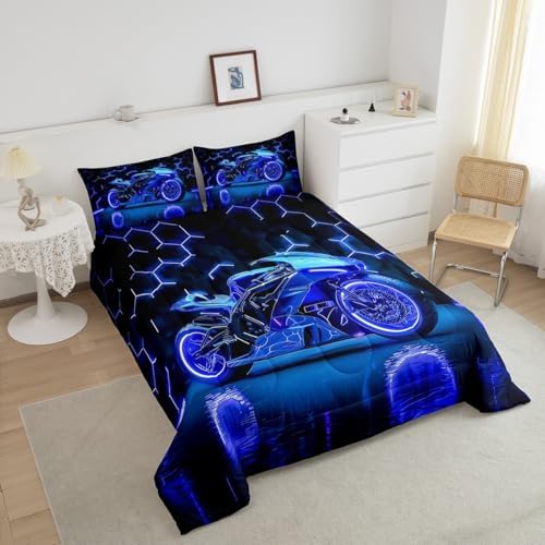 Feelyou Kids Boys Dirt Bike Comforter Set,Extreme Sports Bedding Set Twin Size,Boys Bedroom Room Decor,Racing Motocross Comforter,Blue Geometric Hexagon Racing Motocross Bed Set for All Season