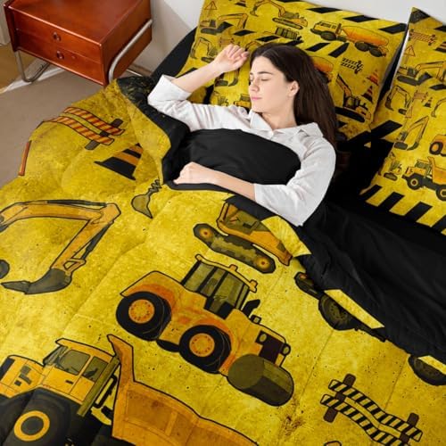 Erosebridal Kids Construction Twin Size Comforter Set, Boys Cartoon Car 7-Piece Bed in A Bag, Cartoon Machinery Truck Sheets and Pillowcases, Yellow Tractor Excavator Bedding Set Room Decor