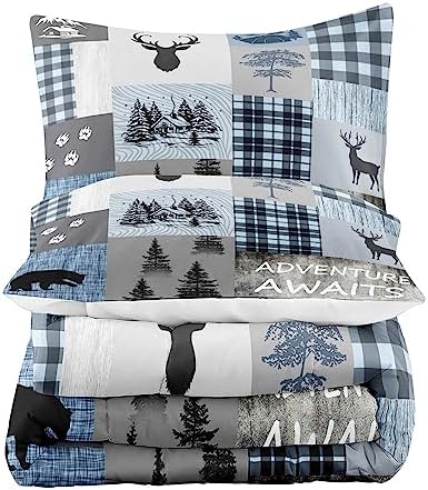 LUVIVIHOME 3PCS Rustic Cabin Comforter Set King Size, Black Bear Deer Elk Moose Woodland Forest Animals Wildlife Hunting Lodge Blue Plaid Country Farmhouse Bedding, Patchwork Quilt, 2 Pillow Shams